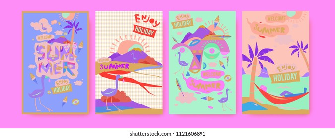 Set of summer illustration for poster, cover, and advertisement. Retro and vintage summer design illustration. Summer holiday background template in eps10.
