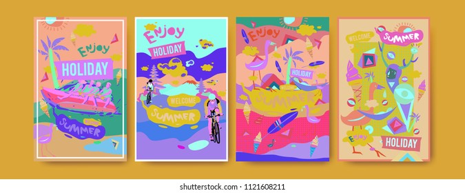 Set of summer illustration for poster, cover, and advertisement. Retro and vintage summer design illustration. Summer holiday background template in eps10.
