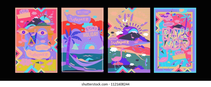 Set of summer illustration for poster, cover, and advertisement. Retro and vintage summer design illustration. Summer holiday background template in eps10.
