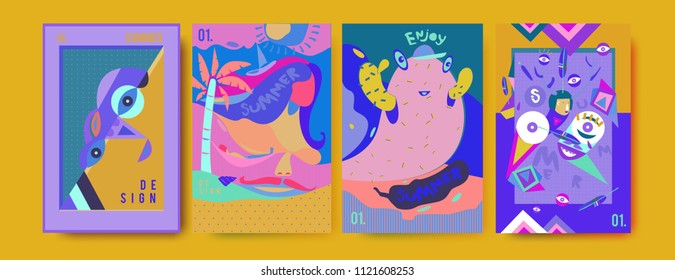 Set of summer illustration for poster, cover, and advertisement. Retro and vintage summer design illustration. Summer holiday background template in eps10.
