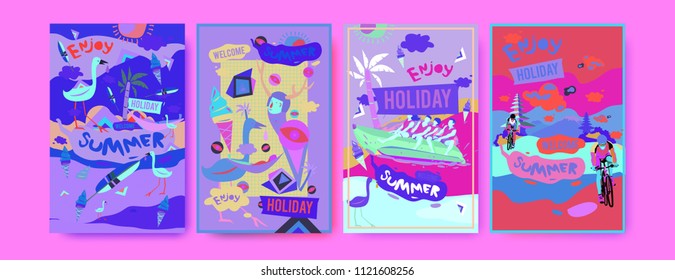 Set of summer illustration for poster, cover, and advertisement. Retro and vintage summer design illustration. Summer holiday background template in eps10.
