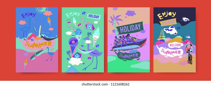 Set of summer illustration for poster, cover, and advertisement. Retro and vintage summer design illustration. Summer holiday background template in eps10.

