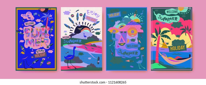 Set of summer illustration for poster, cover, and advertisement. Retro and vintage summer design illustration. Summer holiday background template in eps10.
