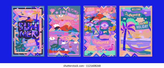 Set of summer illustration for poster, cover, and advertisement. Retro and vintage summer design illustration. Summer holiday background template in eps10.
