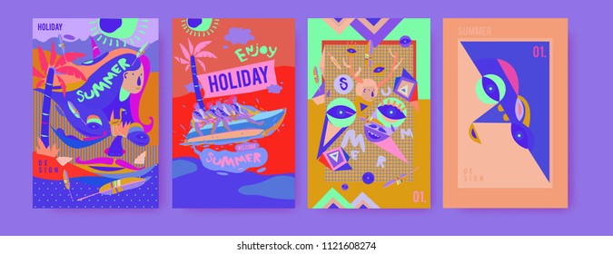 Set of summer illustration for poster, cover, and advertisement. Retro and vintage summer design illustration. Summer holiday background template in eps10.
