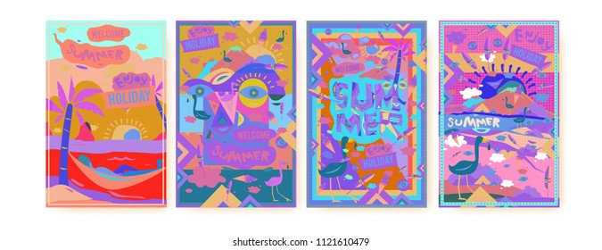 Set of summer illustration for poster, cover, and advertisement. Retro and vintage summer design illustration. Summer holiday background template in eps10.
