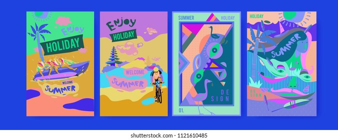 Set of summer illustration for poster, cover, and advertisement. Retro and vintage summer design illustration. Summer holiday background template in eps10.
