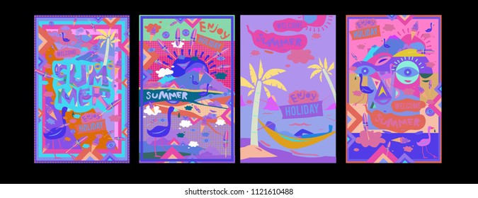 Set of summer illustration for poster, cover, and advertisement. Retro and vintage summer design illustration. Summer holiday background template in eps10.
