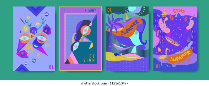Set of summer illustration for poster, cover, and advertisement. Retro and vintage summer design illustration. Summer holiday background template in eps10.
