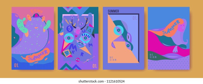 Set of summer illustration for poster, cover, and advertisement. Retro and vintage summer design illustration. Summer holiday background template in eps10.
