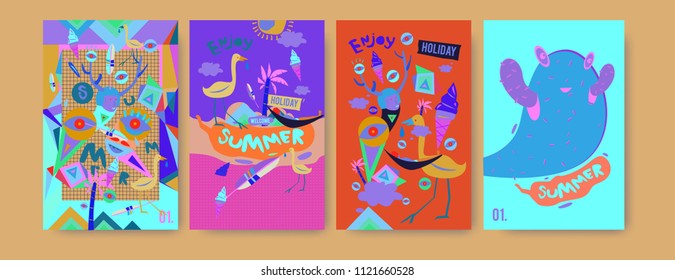 Set of summer illustration for poster, cover, and advertisement. Retro and vintage summer design illustration. Summer holiday background template in eps10.
