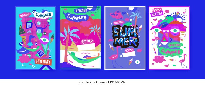 Set of summer illustration for poster, cover, and advertisement. Retro and vintage summer design illustration. Summer holiday background template in eps10.
