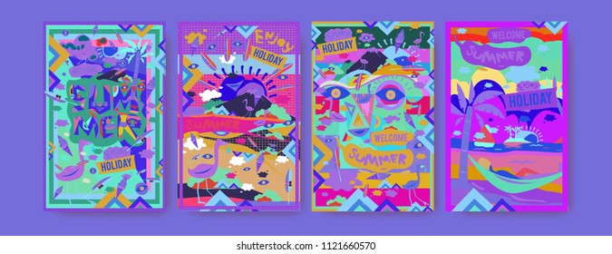 Set of summer illustration for poster, cover, and advertisement. Retro and vintage summer design illustration. Summer holiday background template in eps10.
