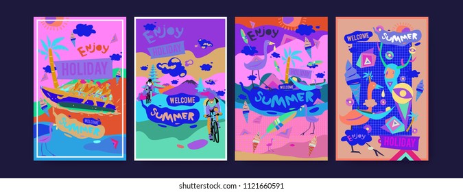 Set of summer illustration for poster, cover, and advertisement. Retro and vintage summer design illustration. Summer holiday background template in eps10.
