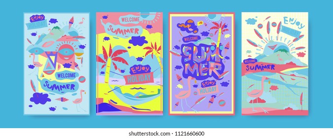 Set of summer illustration for poster, cover, and advertisement. Retro and vintage summer design illustration. Summer holiday background template in eps10.
