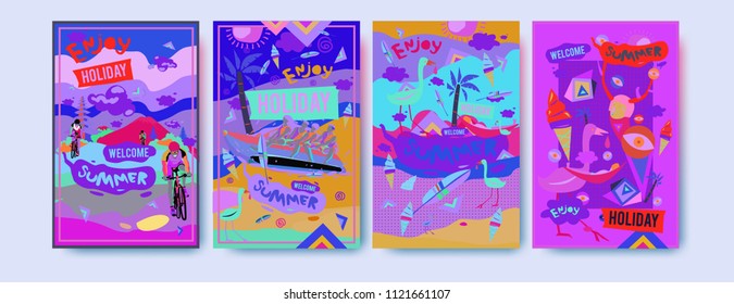 Set of summer illustration for poster, cover, and advertisement. Retro and vintage summer design illustration. Summer holiday background template in eps10.