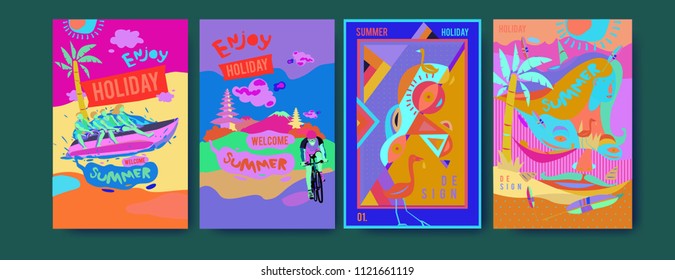 Set of summer illustration for poster, cover, and advertisement. Retro and vintage summer design illustration. Summer holiday background template in eps10.