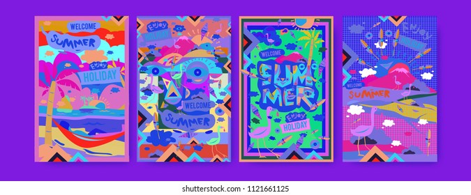 Set of summer illustration for poster, cover, and advertisement. Retro and vintage summer design illustration. Summer holiday background template in eps10.