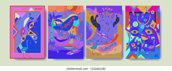 Set of summer illustration for poster, cover, and advertisement. Retro and vintage summer design illustration. Summer holiday background template in eps10.