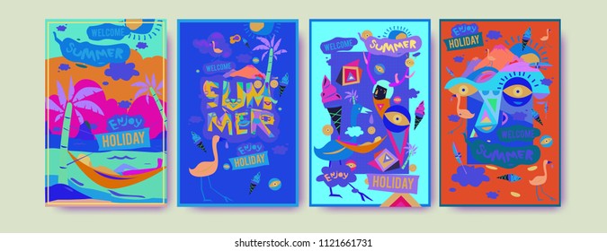 Set of summer illustration for poster, cover, and advertisement. Retro and vintage summer design illustration. Summer holiday background template in eps10.
