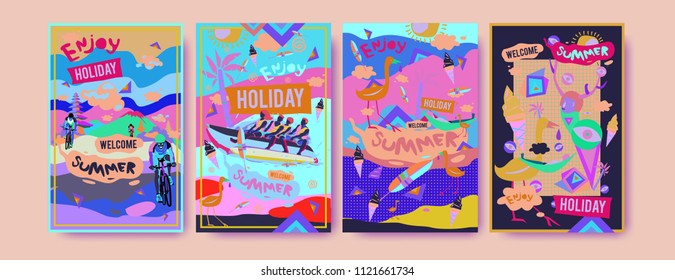 Set of summer illustration for poster, cover, and advertisement. Retro and vintage summer design illustration. Summer holiday background template in eps10.
