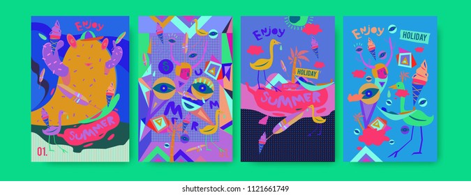 Set of summer illustration for poster, cover, and advertisement. Retro and vintage summer design illustration. Summer holiday background template in eps10.

