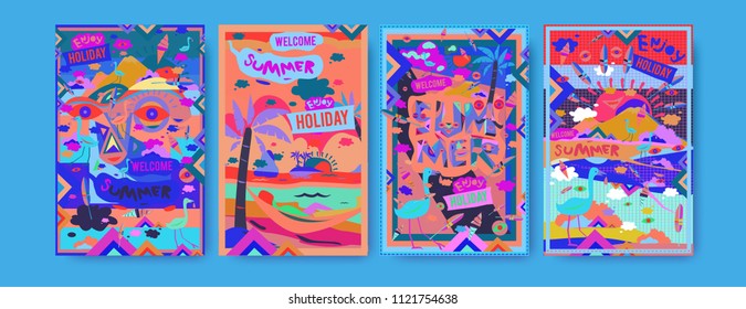 Set of summer illustration for poster, cover, and advertisement. Retro and vintage summer design illustration. Summer holiday background template in eps10.
