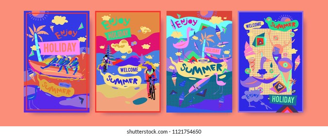 Set of summer illustration for poster, cover, and advertisement. Retro and vintage summer design illustration. Summer holiday background template in eps10.
