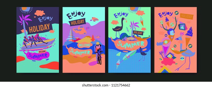 Set of summer illustration for poster, cover, and advertisement. Retro and vintage summer design illustration. Summer holiday background template in eps10.
