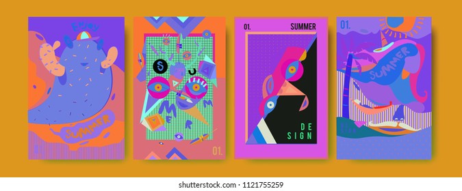 Set of summer illustration for poster, cover, and advertisement. Retro and vintage summer design illustration. Summer holiday background template in eps10.