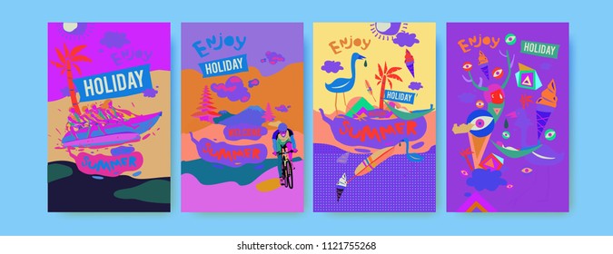 Set of summer illustration for poster, cover, and advertisement. Retro and vintage summer design illustration. Summer holiday background template in eps10.