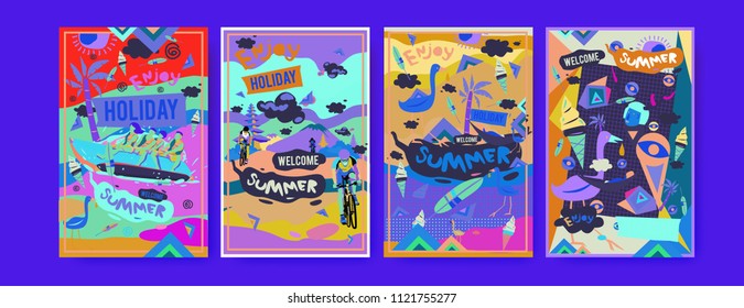 Set of summer illustration for poster, cover, and advertisement. Retro and vintage summer design illustration. Summer holiday background template in eps10.