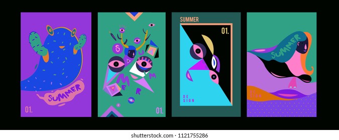 Set of summer illustration for poster, cover, and advertisement. Retro and vintage summer design illustration. Summer holiday background template in eps10.