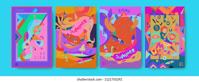 Set of summer illustration for poster, cover, and advertisement. Retro and vintage summer design illustration. Summer holiday background template in eps10.