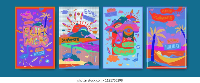 Set of summer illustration for poster, cover, and advertisement. Retro and vintage summer design illustration. Summer holiday background template in eps10.