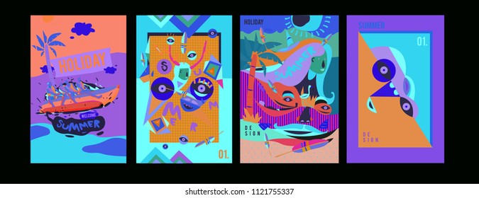 Set of summer illustration for poster, cover, and advertisement. Retro and vintage summer design illustration. Summer holiday background template in eps10.