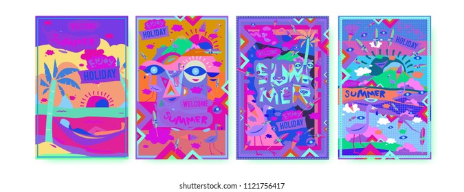 Set of summer illustration for poster, cover, and advertisement. Retro and vintage summer design illustration. Summer holiday background template in eps10.