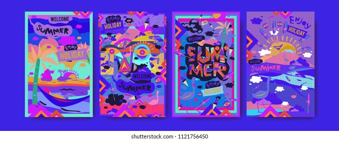 Set of summer illustration for poster, cover, and advertisement. Retro and vintage summer design illustration. Summer holiday background template in eps10.