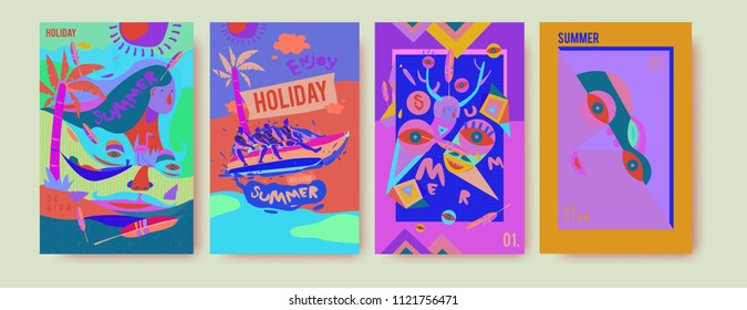 Set of summer illustration for poster, cover, and advertisement. Retro and vintage summer design illustration. Summer holiday background template in eps10.