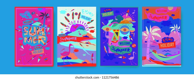 Set of summer illustration for poster, cover, and advertisement. Retro and vintage summer design illustration. Summer holiday background template in eps10.