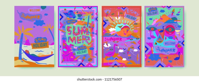Set of summer illustration for poster, cover, and advertisement. Retro and vintage summer design illustration. Summer holiday background template in eps10.
