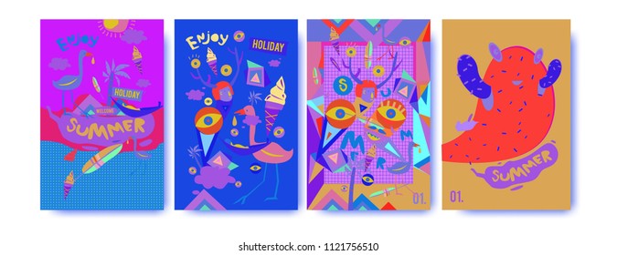 Set of summer illustration for poster, cover, and advertisement. Retro and vintage summer design illustration. Summer holiday background template in eps10.
