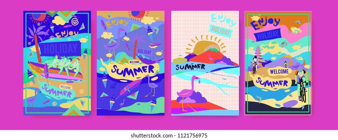 Set of summer illustration for poster, cover, and advertisement. Retro and vintage summer design illustration. Summer holiday background template in eps10.
