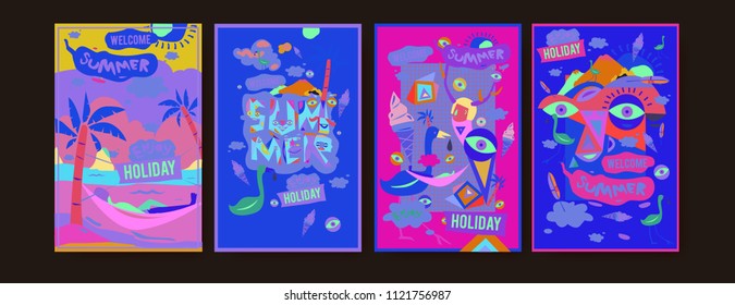 Set of summer illustration for poster, cover, and advertisement. Retro and vintage summer design illustration. Summer holiday background template in eps10.
