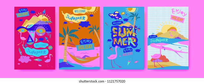 Set of summer illustration for poster, cover, and advertisement. Retro and vintage summer design illustration. Summer holiday background template in eps10.
