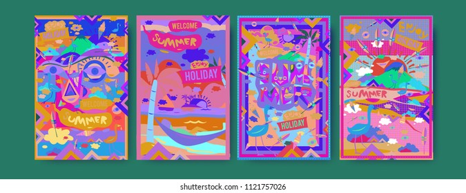 Set of summer illustration for poster, cover, and advertisement. Retro and vintage summer design illustration. Summer holiday background template in eps10.
