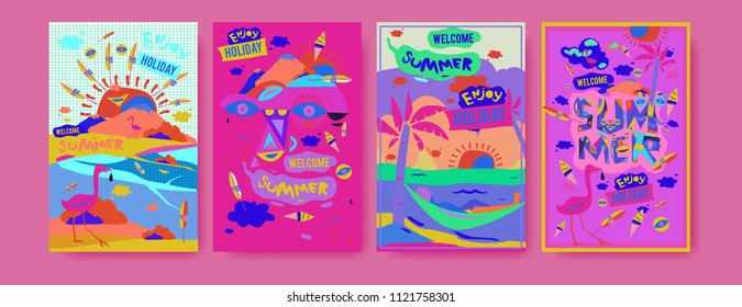 Set of summer illustration for poster, cover, and advertisement. Retro and vintage summer design illustration. Summer holiday background template in eps10.
