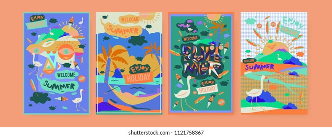 Set of summer illustration for poster, cover, and advertisement. Retro and vintage summer design illustration. Summer holiday background template in eps10.
