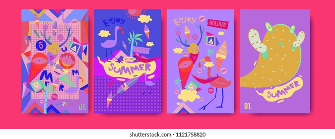 Set of summer illustration for poster, cover, and advertisement. Retro and vintage summer design illustration. Summer holiday background template in eps10.
