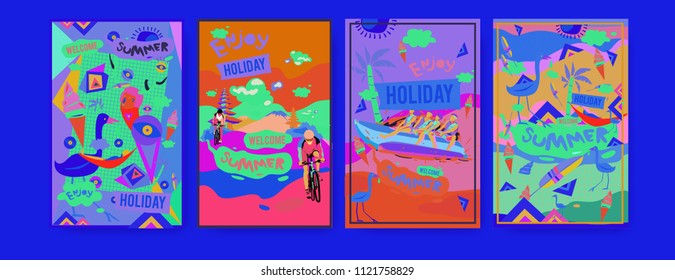 Set of summer illustration for poster, cover, and advertisement. Retro and vintage summer design illustration. Summer holiday background template in eps10.
